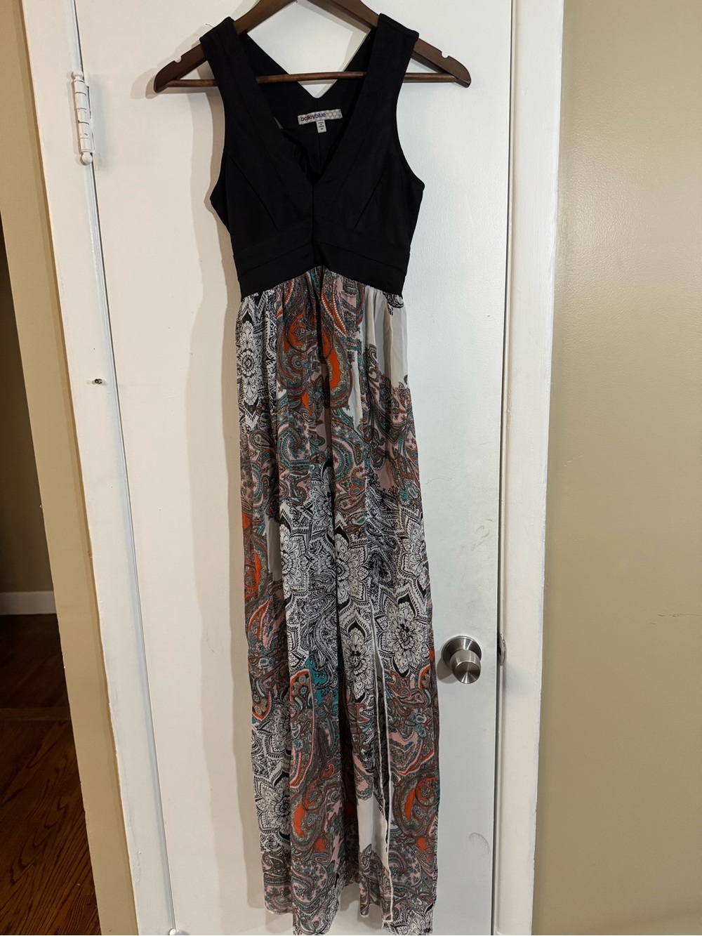 bailey blue Black Bodice Paisley Maxi Dress with Orange and Teal Accents